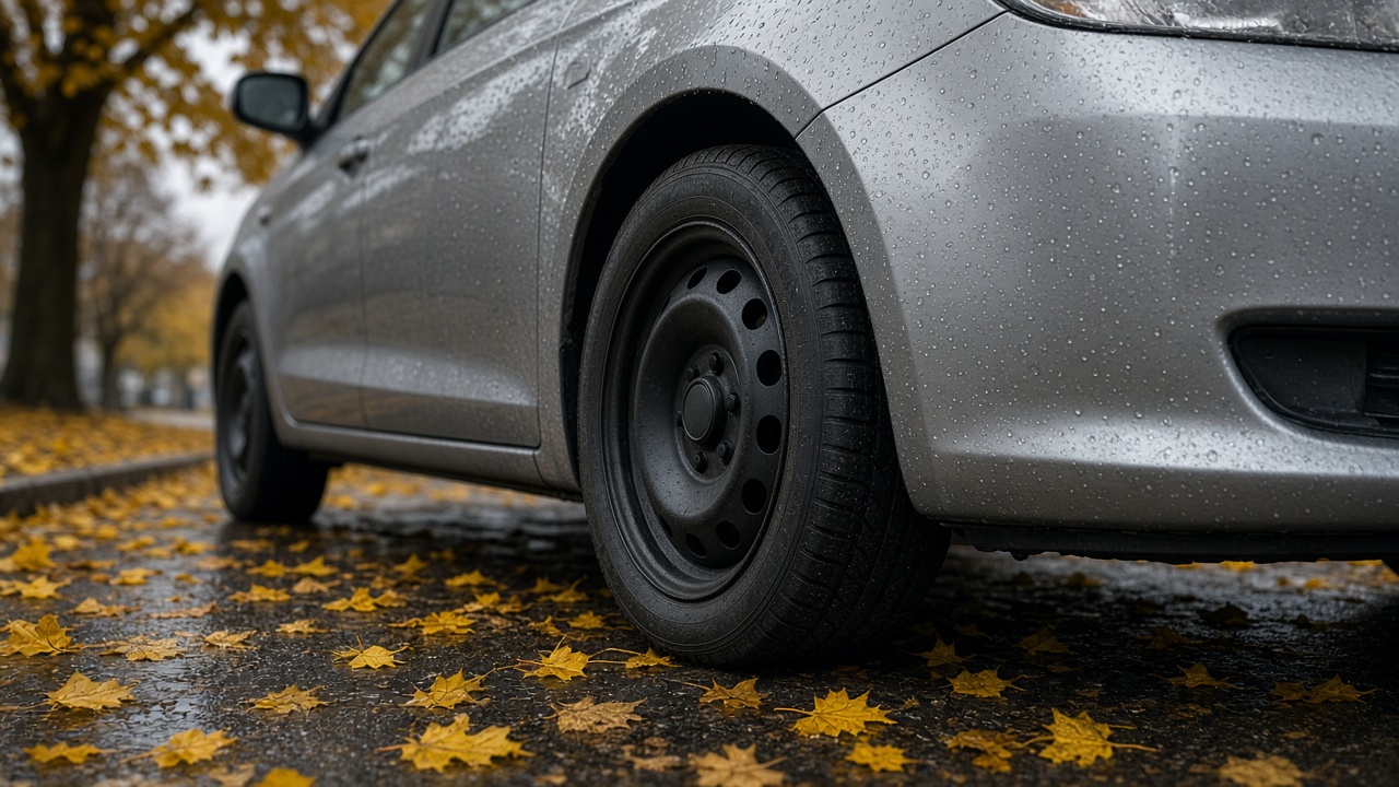 Anvelopă all-season pe asfalt umed, toamnă