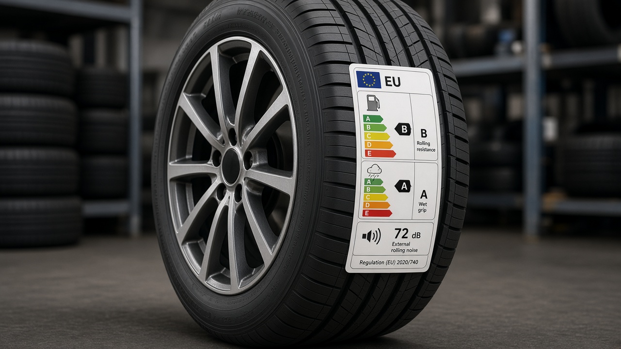 Etichetă UE pe o anvelopă nouă, cu clasele de consum, umed și zgomot